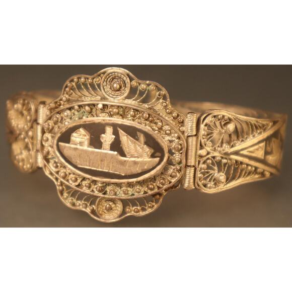 Vintage Niello Enamel Silver Filigree Bracelet Middle Eastern Look - Picture 2 of 5